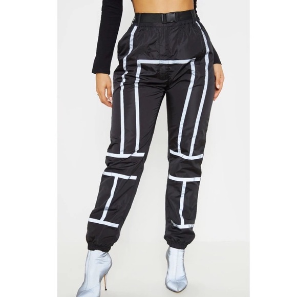 PrettyLittleThing Pants - Black Shell Reflective Tape Belt Detail Jogger